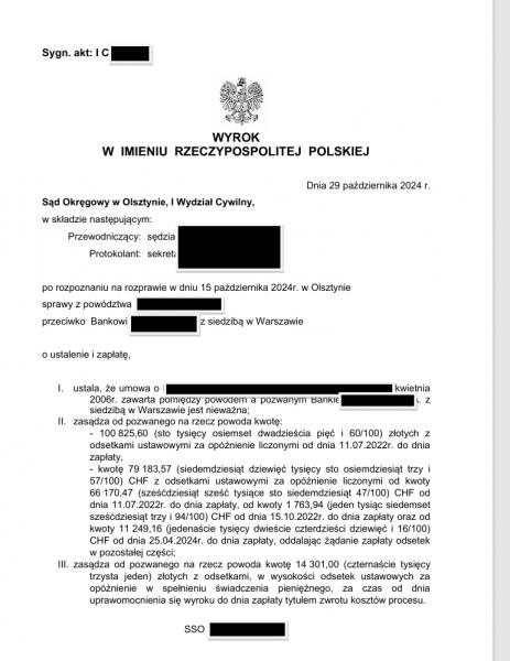 Treść wyroku w sprawie frankowej ponad 229 tysięcy zwrotu od banku